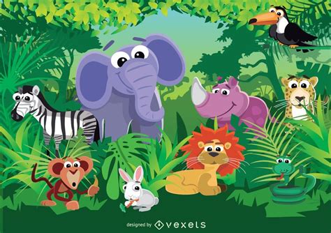 Animales De Dibujos Animados En La Ilustración De La Selva Descargar