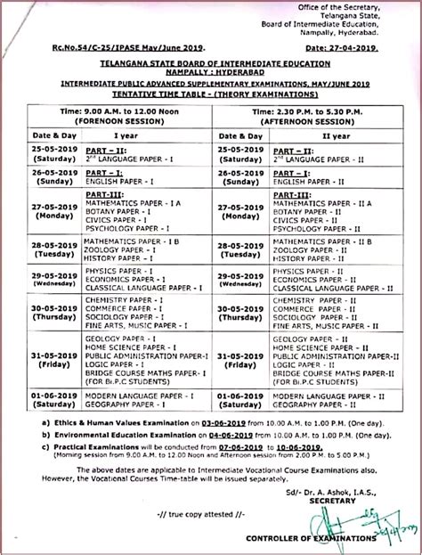 Ts Inter 1st 2nd Year Supply Betterment Time Table 2019 Exam Dates