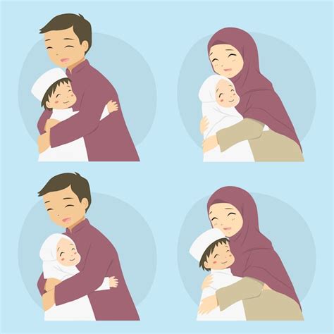 Eltern Umarmen Ihre Kinder Glückliche Muslimische Familie Premium Vektor