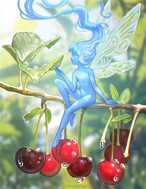 A Painting Of A Blue Fairy Sitting On A Branch With Cherries Hanging