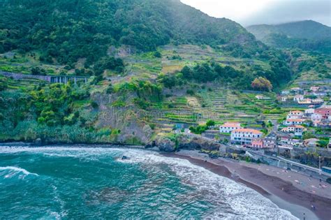 Aerial View Of Black Sand Beach In Seixal Madeira Island Editorial