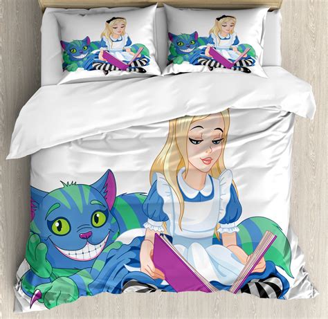 Alice In Wonderland Duvet Cover Set Alice Reading Book Cat Colorful