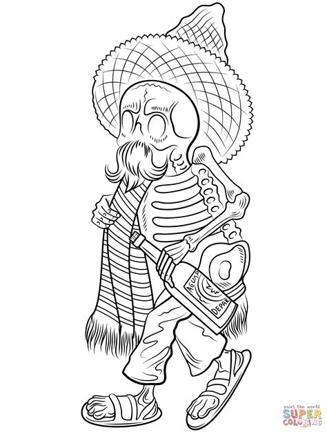 day   dead skeleton  poncho  sombrero coloring page