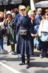 Elle Fanning In A Long Sleeved Navy Blue Dress Nyc