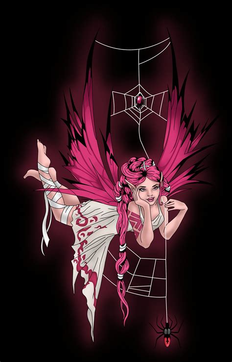 A Drawing Of A Woman With Pink Hair And Wings Holding A Spider Web In
