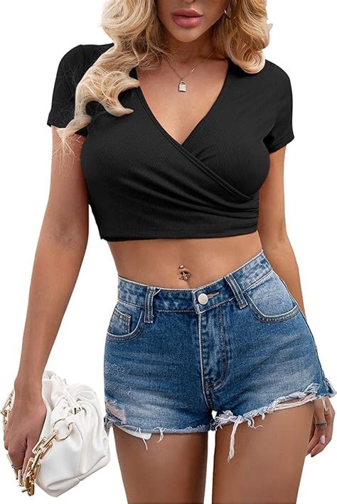 women s sexy short sleeve stylish solid color v neck crop top tight high waist t