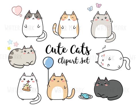 Vector Clipart Kawaii Cats Cute Cats Clipart Set High Etsy Kawaii Cat