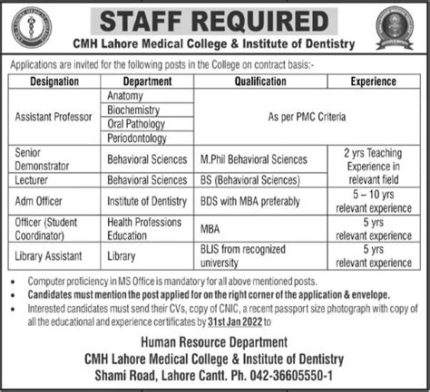 Cmh Lahore Medical College Institute Of Industry Jobs Job
