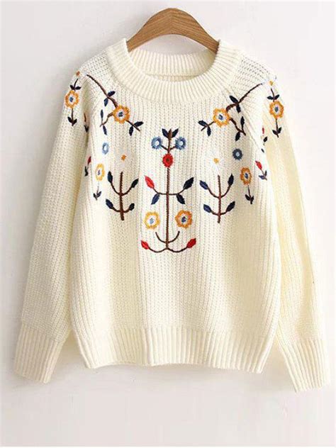 29 Off 2021 Floral Embroidery Sweater In White Zaful