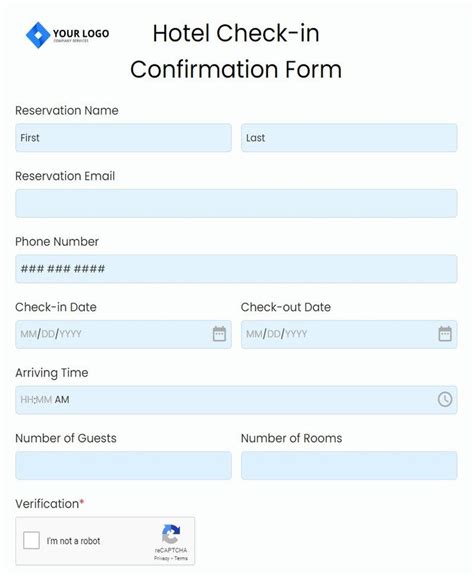 Free Hotel Check In Confirmation Form Template Formbuilder