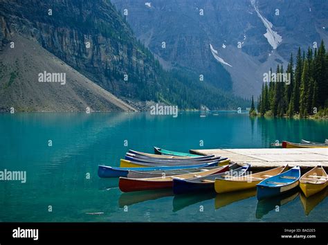 Canoes Docked At Moraine Lake Banff National Park Alberta Canada
