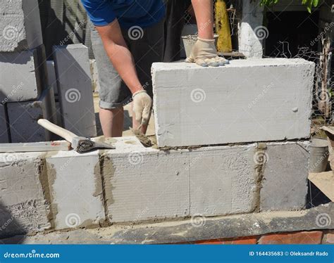 Bricklayer Builder Laying Autoclaved Aerated Concrete Blocks Aac For