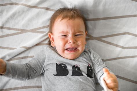 One Year Old Baby Crying In Bed Stock Image Image Of Person Little