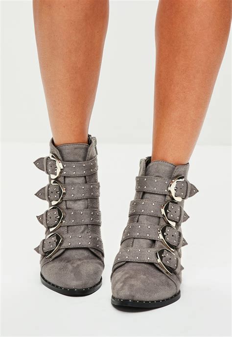 Missguided Grey Four Buckle Ankle Boots In Gray Lyst