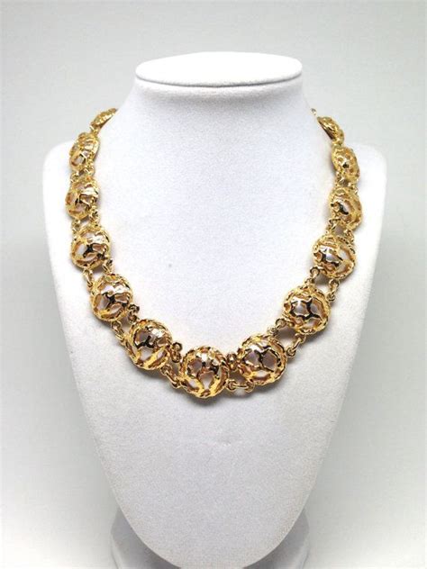 Luxurious Vintage Estate Faux Pearl Linked Gold Tone Necklace With