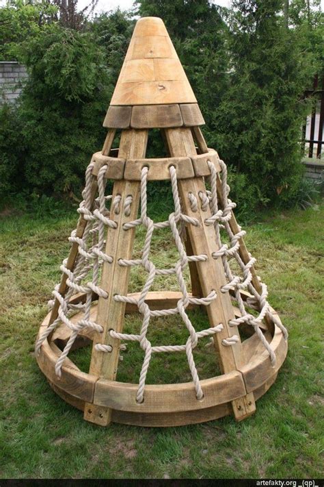 Here are 30 awesome ideas that will transform your backyard into a comfortable, functional and impressive space for outdoor entertaining. Wooden playgrounds for garden.Wigwam wood and rope. see ...
