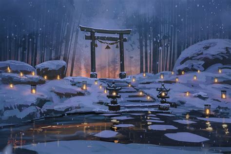 Download Bamboo Night Lantern Winter Snow Torii Anime Shrine Hd