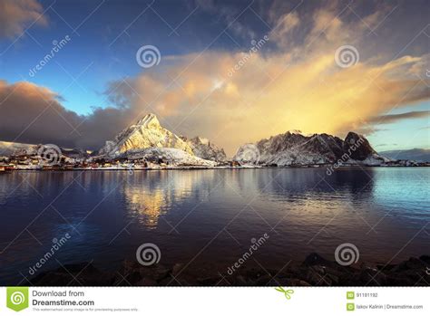 Sunrise At Reine Lofoten Islands Norway Stock Photo Image Of