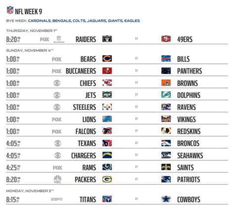 Week 9 Nfl Schedule Printable Customize And Print