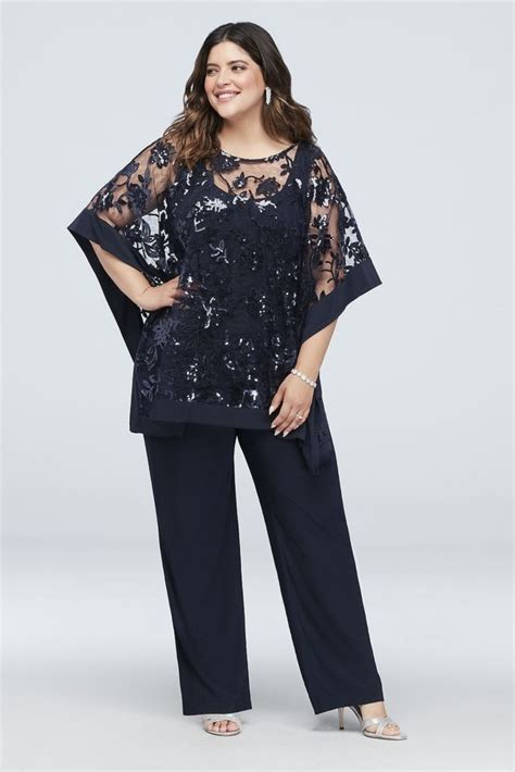 11016914 Sequin Lace Plus Size Pantsuit With Sheer Poncho Mother Of