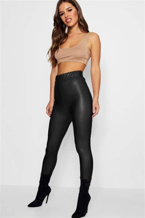 Team vinyl leggings with bangin' bodysuits and ramp up the rock n roll with high waisted wet look leggings with statement neon crops. Petite Matte Leather Look High Waist Leggings | boohoo ...