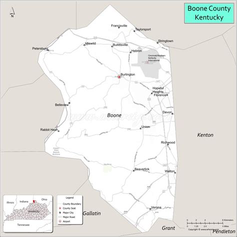 Map of Boone County, Kentucky showing cities, highways & important
