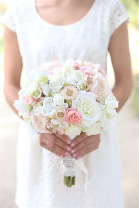 Silk Bride Bouquet White Cream Pale Pink Roses And Peonies Shabby Chic