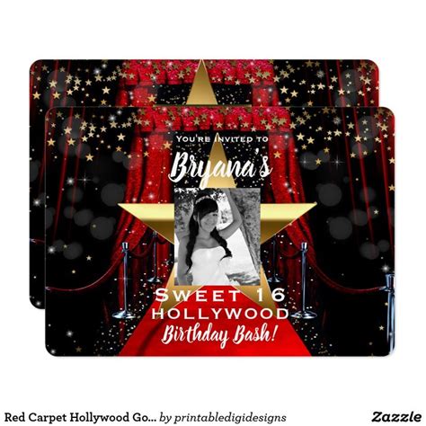 Red Carpet Hollywood Gold Stars Photo Party Invitation