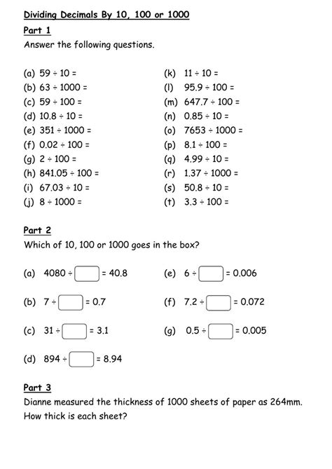 Dividing By Powers Of 10 Worksheet