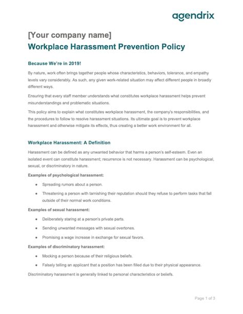 Download Free Workplace Harassment Policy Sample Agendrix