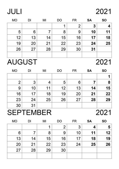 Kalender Juli August September 2021 Kalendersu