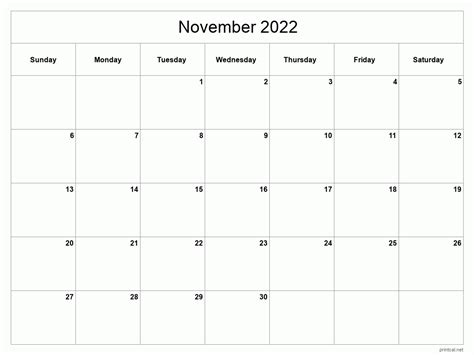Printable November 2022 Calendar Classic Blank Sheet