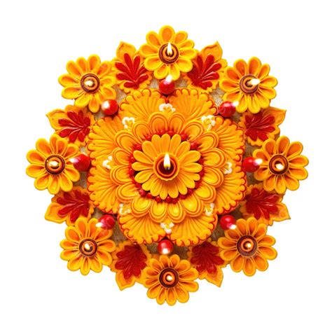 Marigold Flower Rangoli Design With Oil Lamps For Diwali Festival