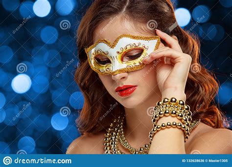 Beauty Model Woman Wearing Venetian Masquerade Carnival Mask At Party Stock Photo Image Of