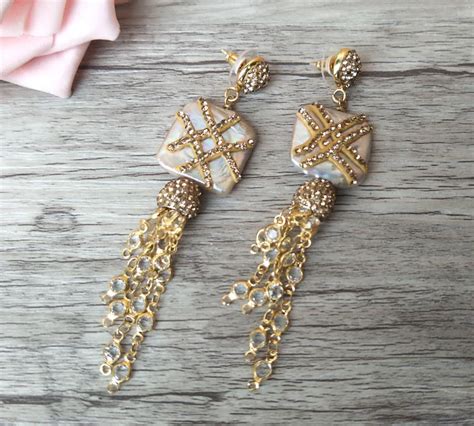 Pairs Handmade Alloy Tassel Dangle Earrings Pearl Chains With Pave