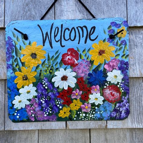 Floral Welcome Sign Hand Painted Slate Sign Front Door Etsy