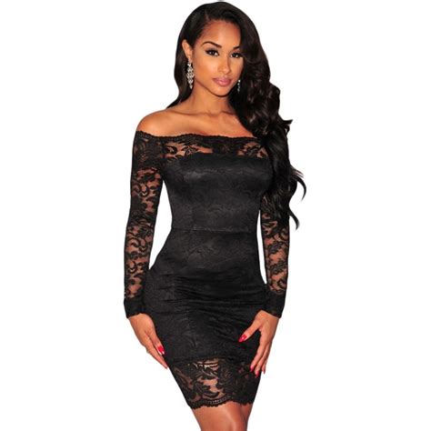 2017 Women Lace Off Shoulder Dress Black Long Sleeve Sexy Night Club