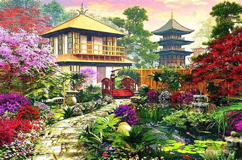 Japanese Garden Tree House Painting Flowers Path Colors Artwork