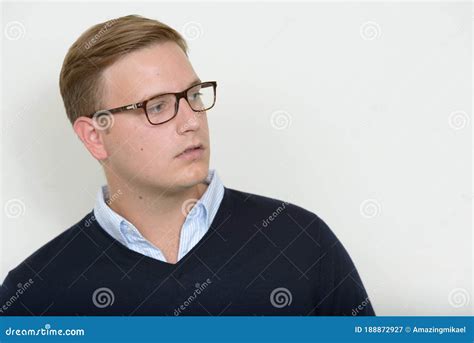 Face Of Man With Blond Hair Wearing Eyeglasses And Looking Away Stock Image Image Of Fashion
