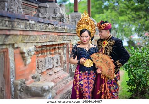 Balinese Couple Using Traditional Balinese Wedding Stock Photo