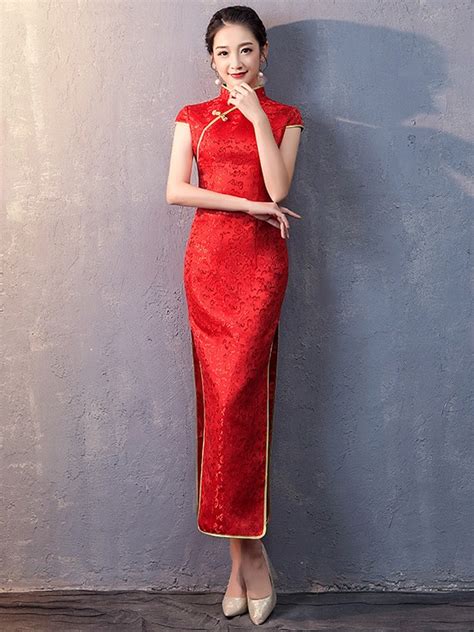 Red Woven Floral Long Qipao Cheongsam Wedding Dress CozyLadyWear