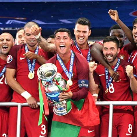 Portugals Cristiano Ronaldo With Euro 2016 Trophy After Winning Uefa