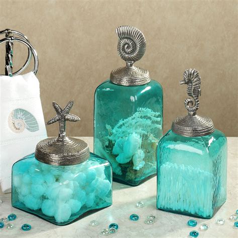 Sealife Glass Decorative Jar Set Turquoise Bathroom Mermaid Bathroom Decor Turquoise