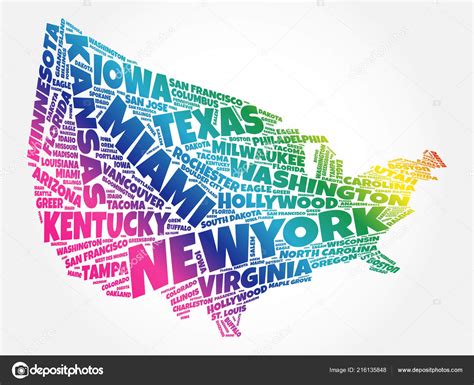 Usa Map Word Cloud Collage Most Important Cities Stock Vector Image By