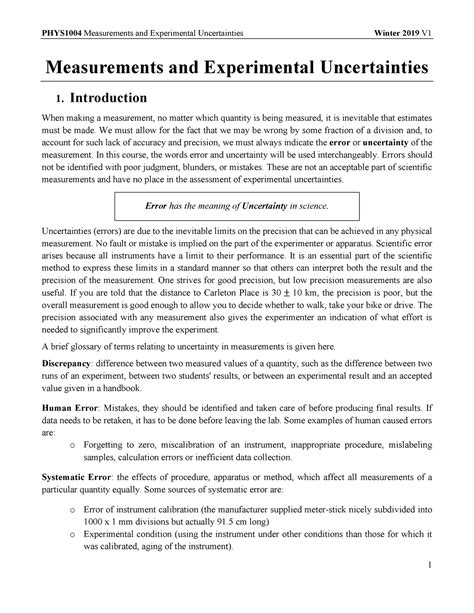 Measurements And Experimental Uncertainties For Physics Labs Phys1004