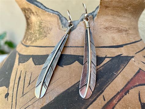 Navajo Lena Platero Sterling Silver Feather Earrings Long Dangles