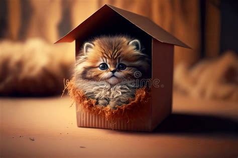 Cute Little Kitten With Fluffy Mustache Playing Sitting In Cardboard