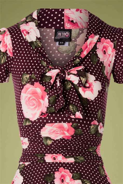 Topvintage Exclusive ~ 50s Debra Pin Dot Floral Swing Dress In Burgundy
