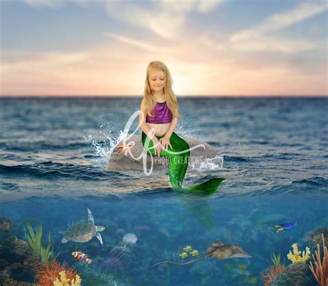 Mermaid Rock With Ocean Animals Digital Backdrop Mermaid Rock Etsy