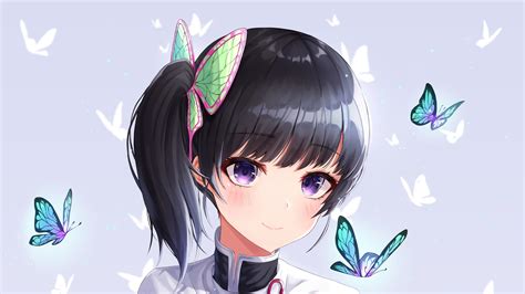 Demon Slayer Kanao Tsuyuri With Flying Butterflies With Background Of Light Purple Hd Anime